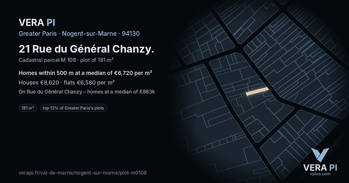 21 Rue du Général Chanzy, Nogent-sur-Marne at night – the plot lit, the parcels around coloured by the prices near them