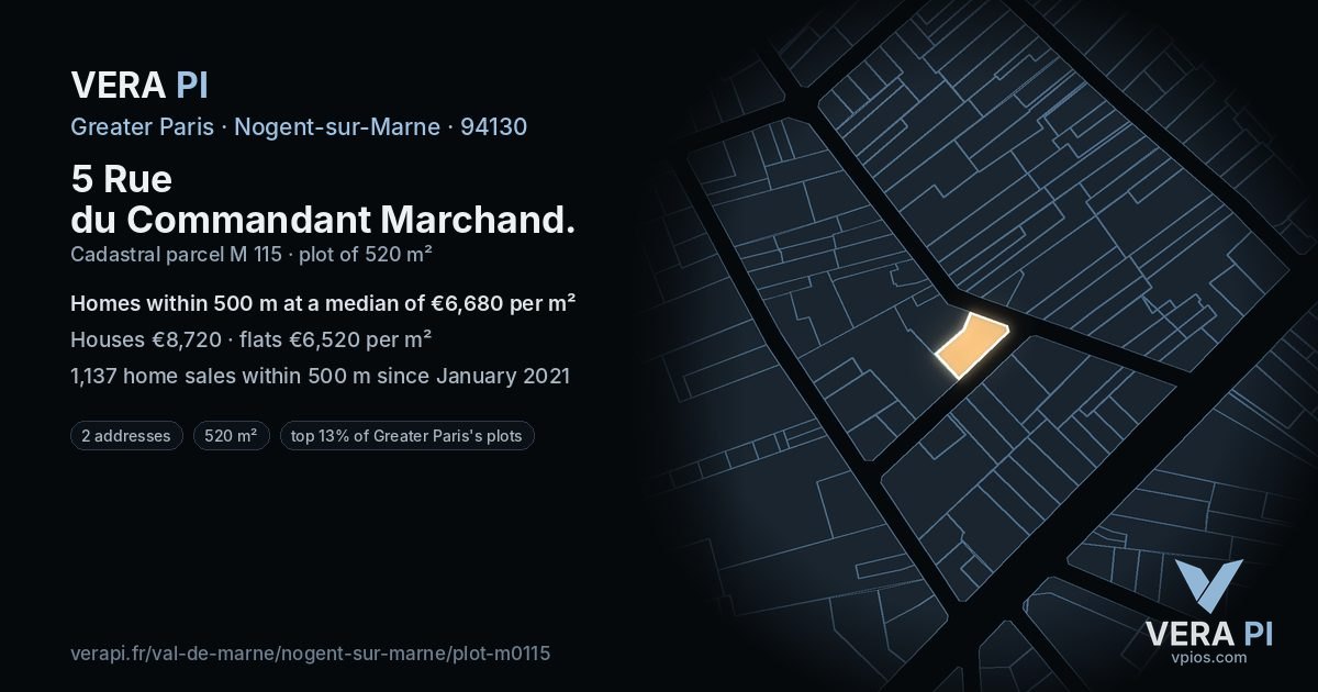 5 Rue du Commandant Marchand, Nogent-sur-Marne at night – the plot lit, the parcels around coloured by the prices near them