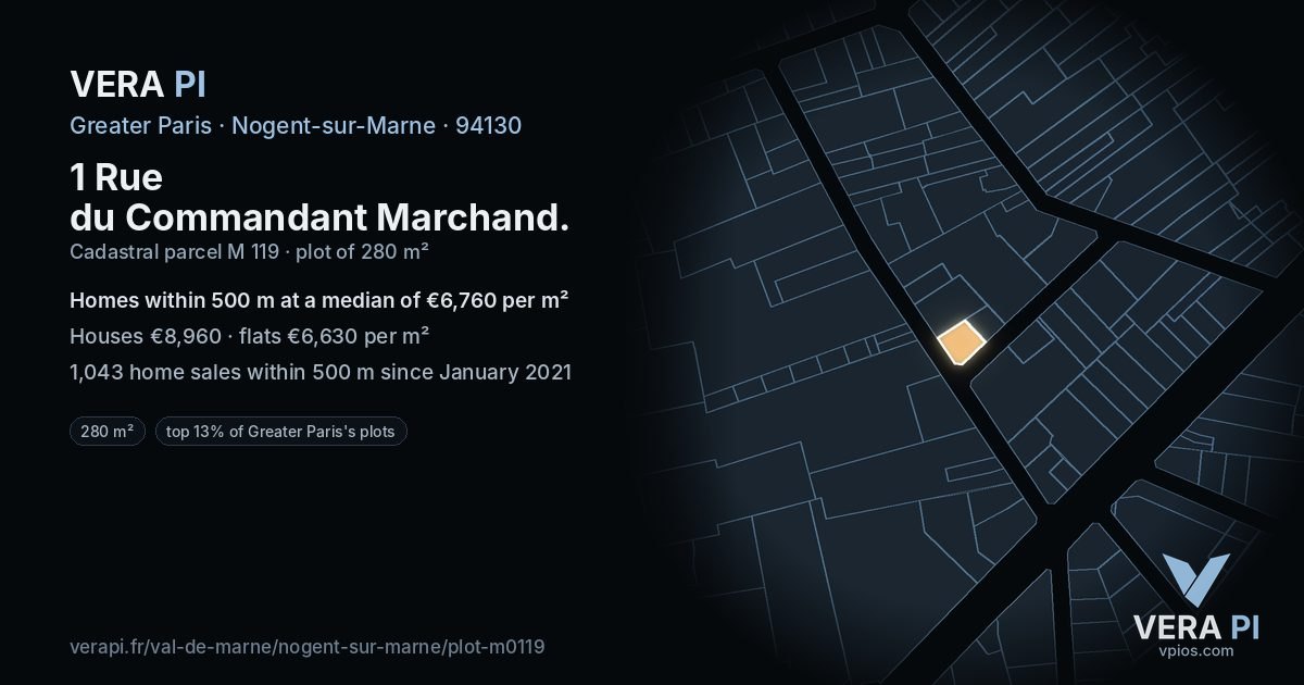 1 Rue du Commandant Marchand, Nogent-sur-Marne at night – the plot lit, the parcels around coloured by the prices near them