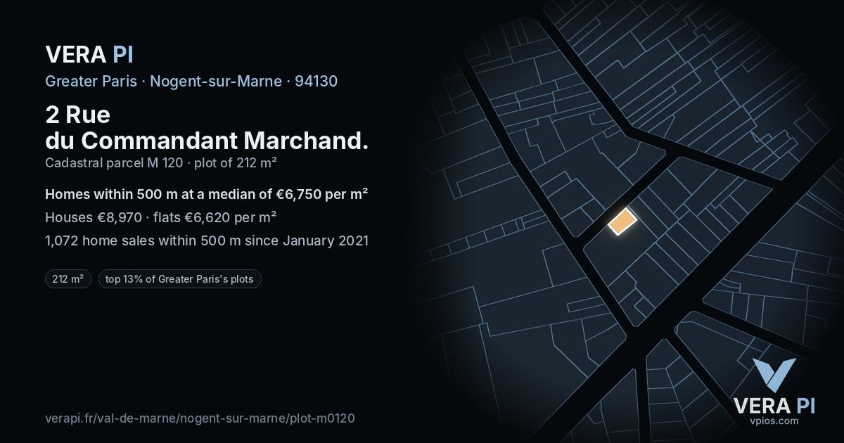 2 Rue du Commandant Marchand, Nogent-sur-Marne at night – the plot lit, the parcels around coloured by the prices near them