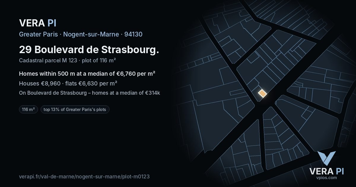 29 Boulevard de Strasbourg, Nogent-sur-Marne at night – the plot lit, the parcels around coloured by the prices near them