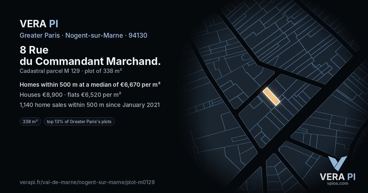 8 Rue du Commandant Marchand, Nogent-sur-Marne at night – the plot lit, the parcels around coloured by the prices near them