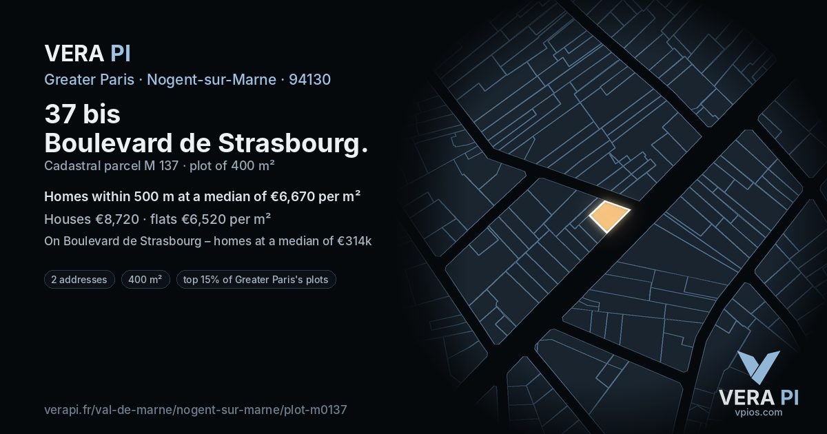 37 bis Boulevard de Strasbourg, Nogent-sur-Marne at night – the plot lit, the parcels around coloured by the prices near them