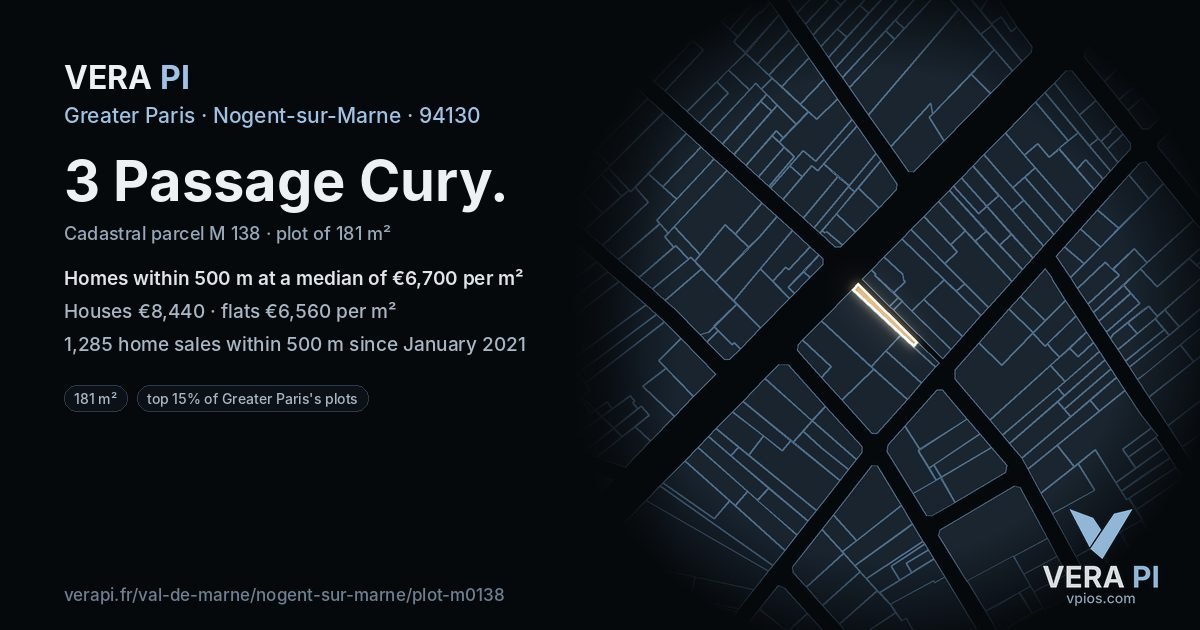 3 Passage Cury, Nogent-sur-Marne at night – the plot lit, the parcels around coloured by the prices near them