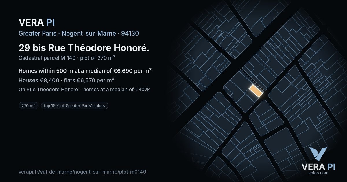 29 bis Rue Théodore Honoré, Nogent-sur-Marne at night – the plot lit, the parcels around coloured by the prices near them