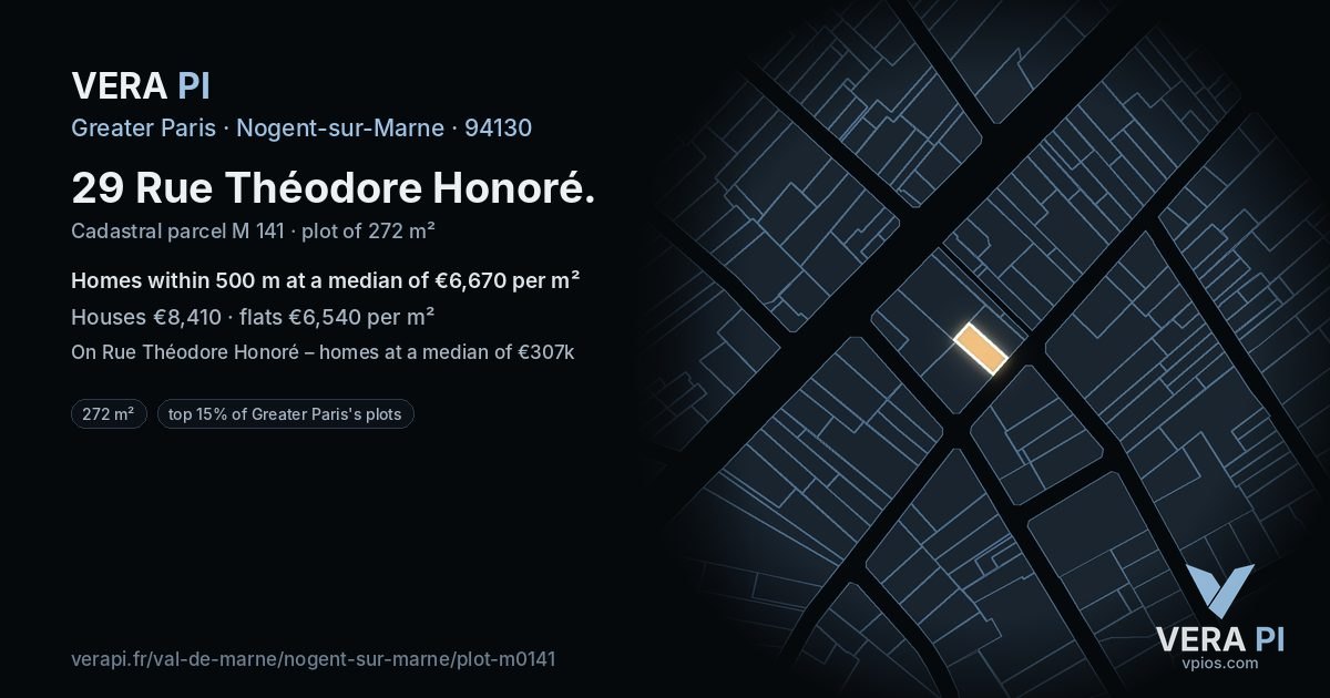 29 Rue Théodore Honoré, Nogent-sur-Marne at night – the plot lit, the parcels around coloured by the prices near them