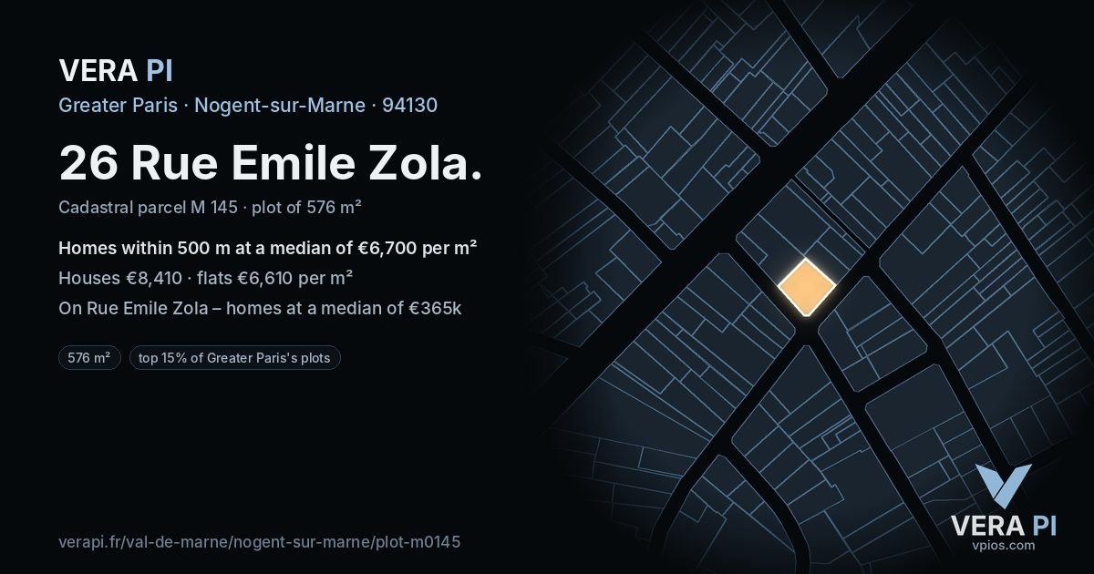 26 Rue Emile Zola, Nogent-sur-Marne at night – the plot lit, the parcels around coloured by the prices near them