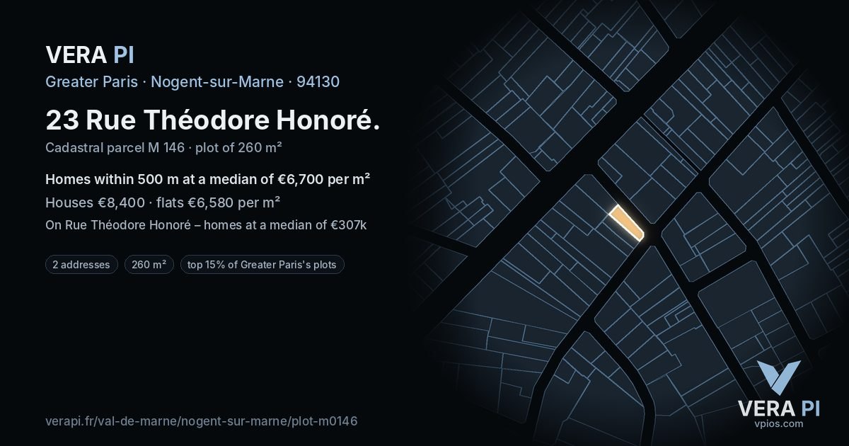 23 Rue Théodore Honoré, Nogent-sur-Marne at night – the plot lit, the parcels around coloured by the prices near them