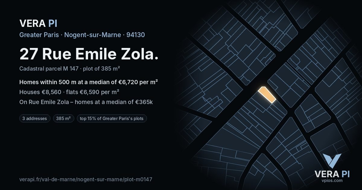 27 Rue Emile Zola, Nogent-sur-Marne at night – the plot lit, the parcels around coloured by the prices near them