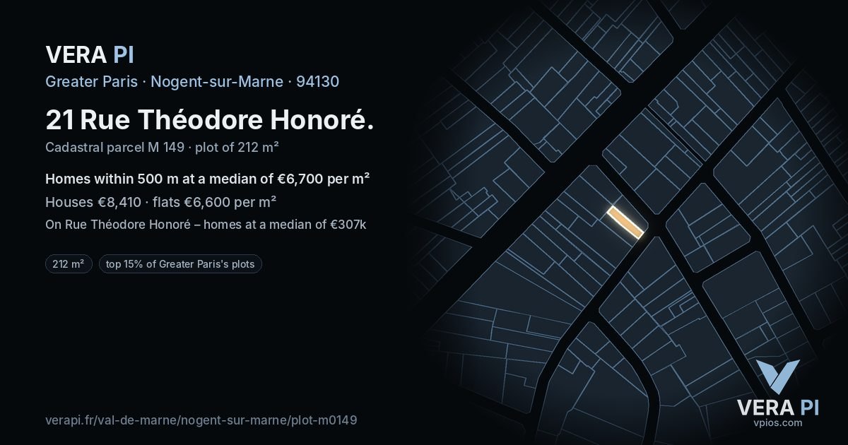 21 Rue Théodore Honoré, Nogent-sur-Marne at night – the plot lit, the parcels around coloured by the prices near them