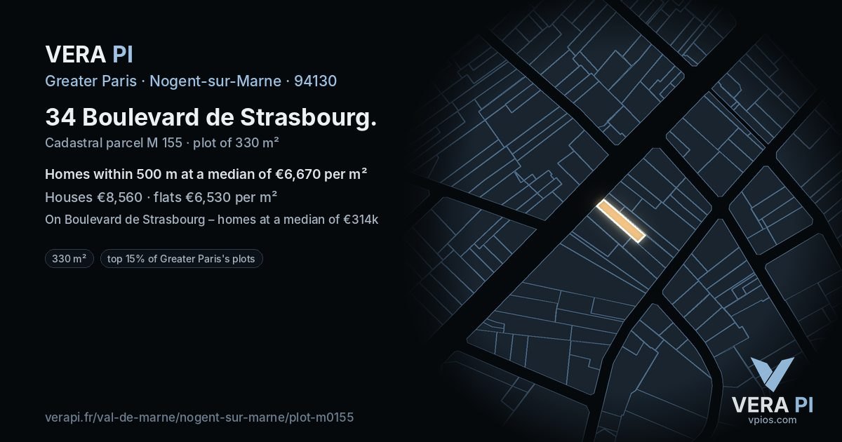 34 Boulevard de Strasbourg, Nogent-sur-Marne at night – the plot lit, the parcels around coloured by the prices near them