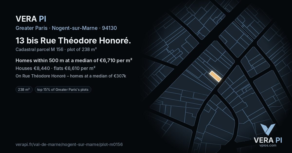 13 bis Rue Théodore Honoré, Nogent-sur-Marne at night – the plot lit, the parcels around coloured by the prices near them