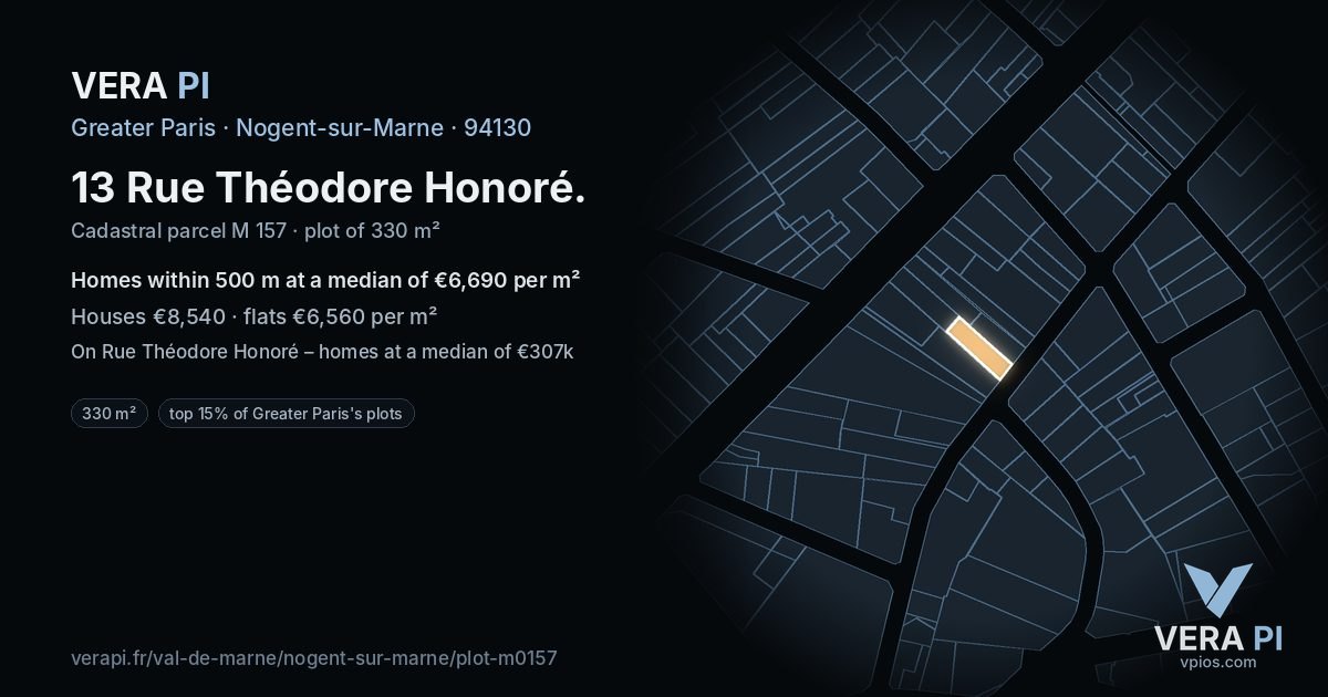 13 Rue Théodore Honoré, Nogent-sur-Marne at night – the plot lit, the parcels around coloured by the prices near them