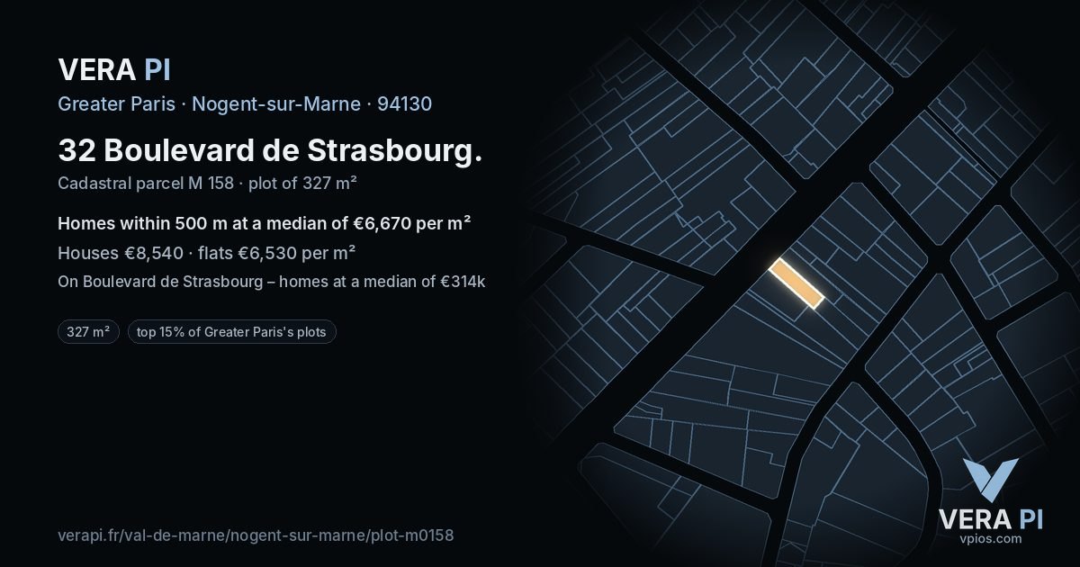 32 Boulevard de Strasbourg, Nogent-sur-Marne at night – the plot lit, the parcels around coloured by the prices near them