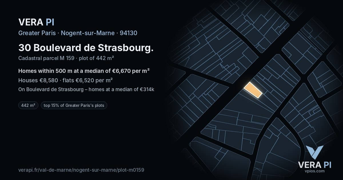 30 Boulevard de Strasbourg, Nogent-sur-Marne at night – the plot lit, the parcels around coloured by the prices near them