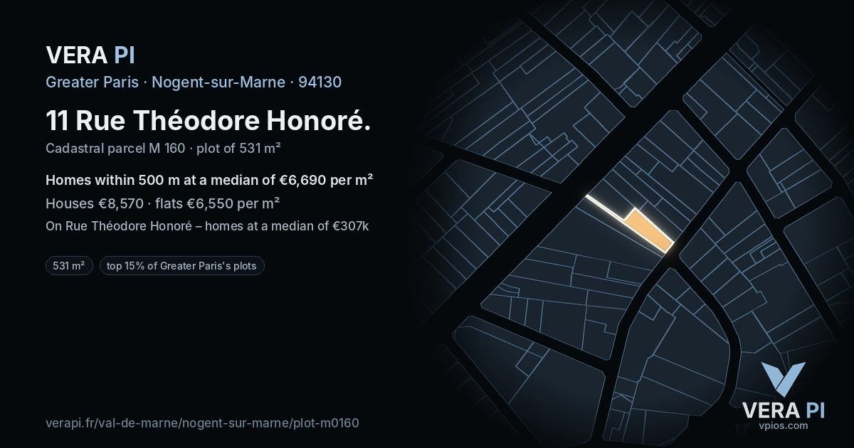 11 Rue Théodore Honoré, Nogent-sur-Marne at night – the plot lit, the parcels around coloured by the prices near them