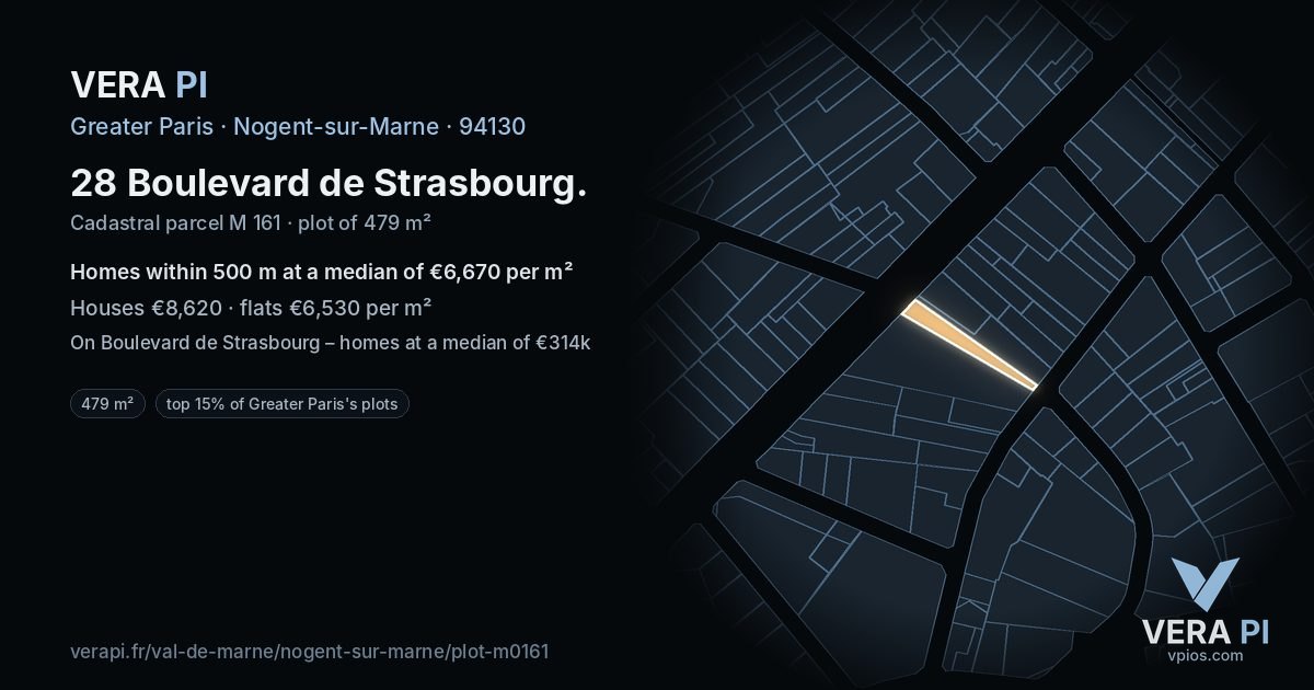 28 Boulevard de Strasbourg, Nogent-sur-Marne at night – the plot lit, the parcels around coloured by the prices near them