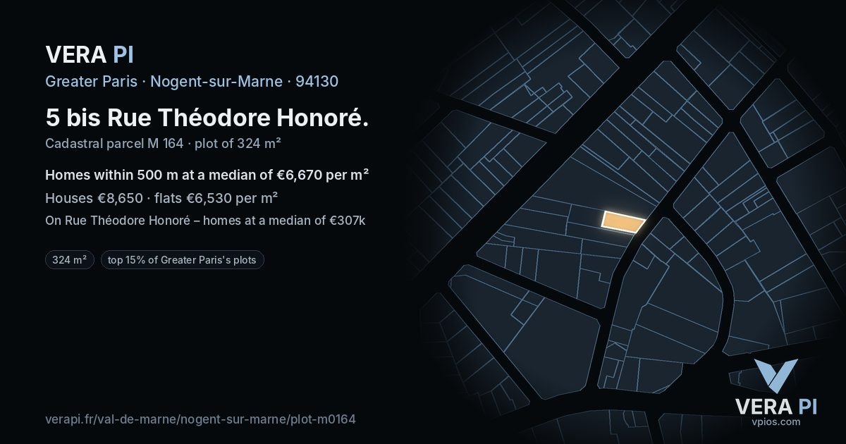 5 bis Rue Théodore Honoré, Nogent-sur-Marne at night – the plot lit, the parcels around coloured by the prices near them