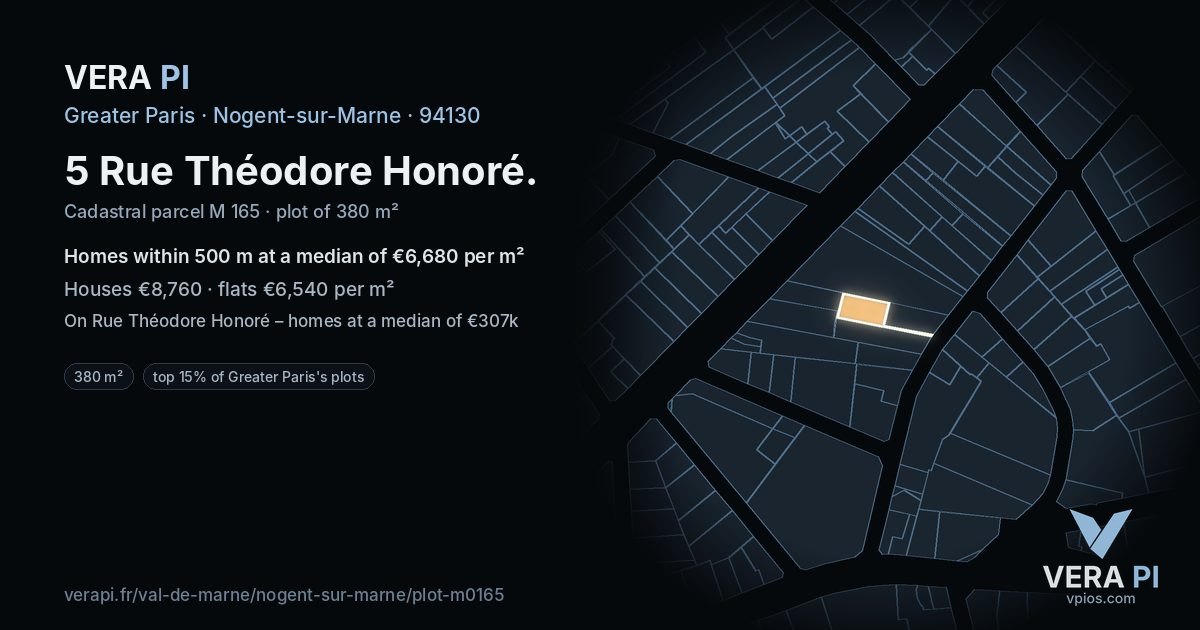 5 Rue Théodore Honoré, Nogent-sur-Marne at night – the plot lit, the parcels around coloured by the prices near them