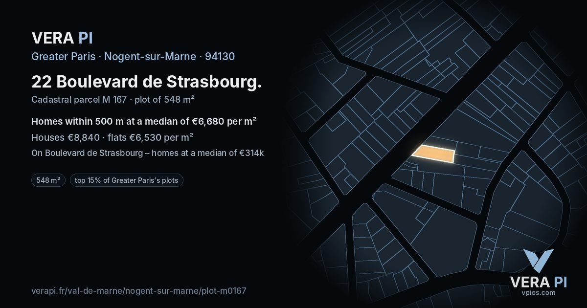 22 Boulevard de Strasbourg, Nogent-sur-Marne at night – the plot lit, the parcels around coloured by the prices near them