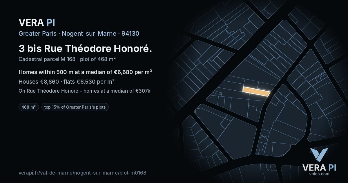 3 bis Rue Théodore Honoré, Nogent-sur-Marne at night – the plot lit, the parcels around coloured by the prices near them