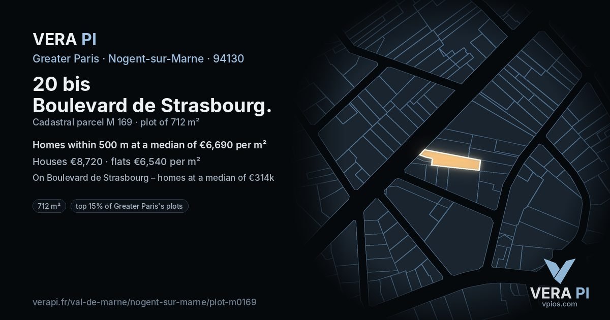 20 bis Boulevard de Strasbourg, Nogent-sur-Marne at night – the plot lit, the parcels around coloured by the prices near them