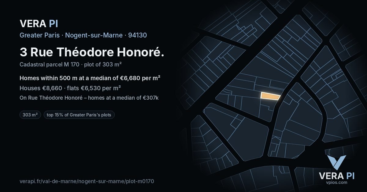 3 Rue Théodore Honoré, Nogent-sur-Marne at night – the plot lit, the parcels around coloured by the prices near them
