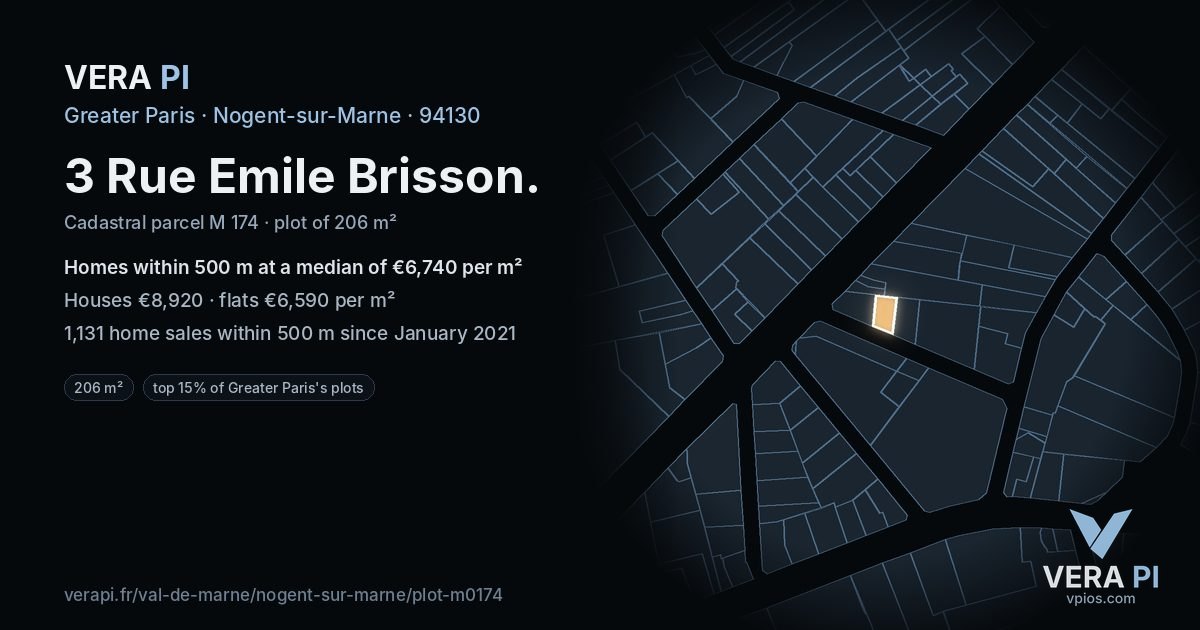 3 Rue Emile Brisson, Nogent-sur-Marne at night – the plot lit, the parcels around coloured by the prices near them