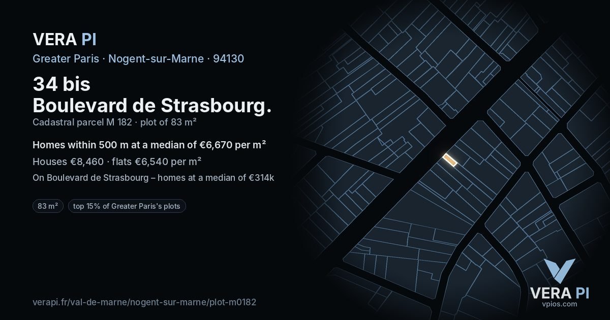 34 bis Boulevard de Strasbourg, Nogent-sur-Marne at night – the plot lit, the parcels around coloured by the prices near them