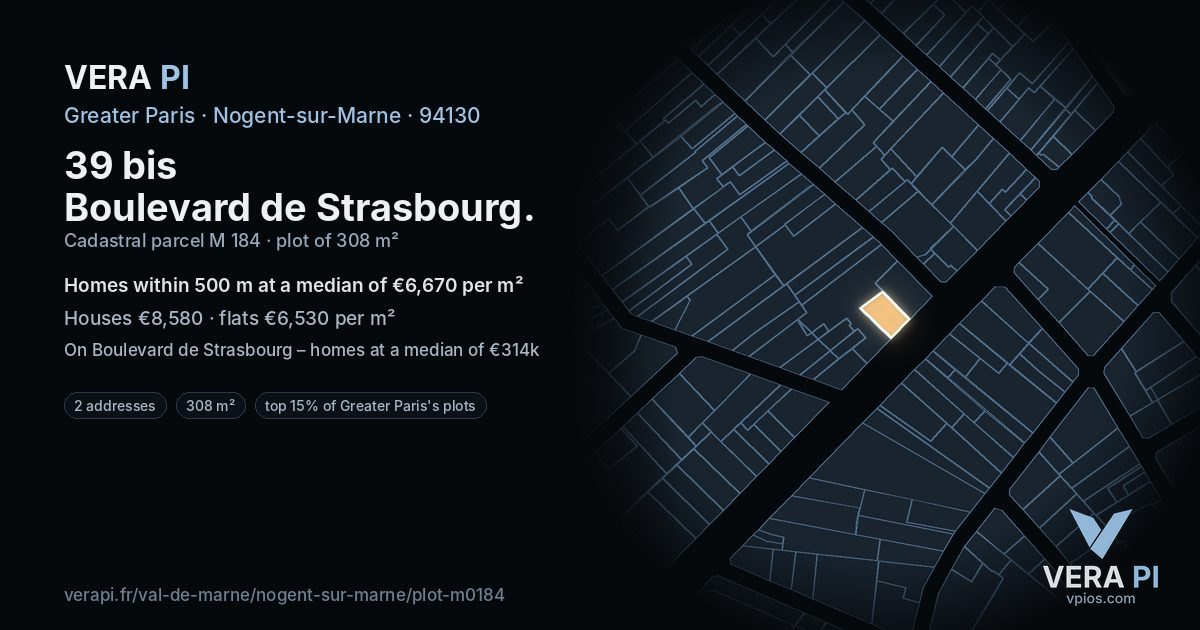 39 bis Boulevard de Strasbourg, Nogent-sur-Marne at night – the plot lit, the parcels around coloured by the prices near them