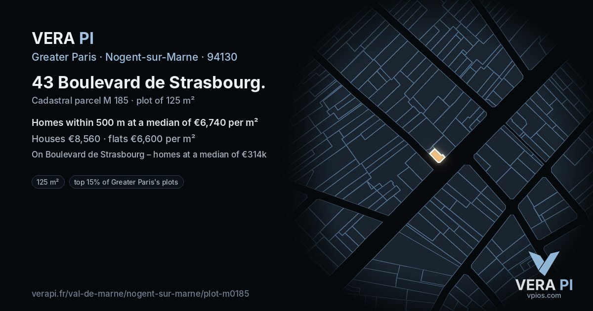 43 Boulevard de Strasbourg, Nogent-sur-Marne at night – the plot lit, the parcels around coloured by the prices near them