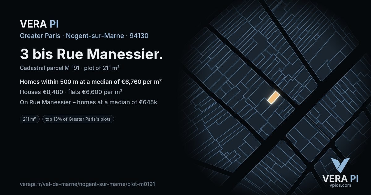 3 bis Rue Manessier, Nogent-sur-Marne at night – the plot lit, the parcels around coloured by the prices near them