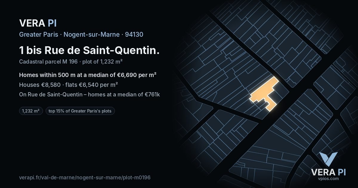 1 bis Rue de Saint-Quentin, Nogent-sur-Marne at night – the plot lit, the parcels around coloured by the prices near them