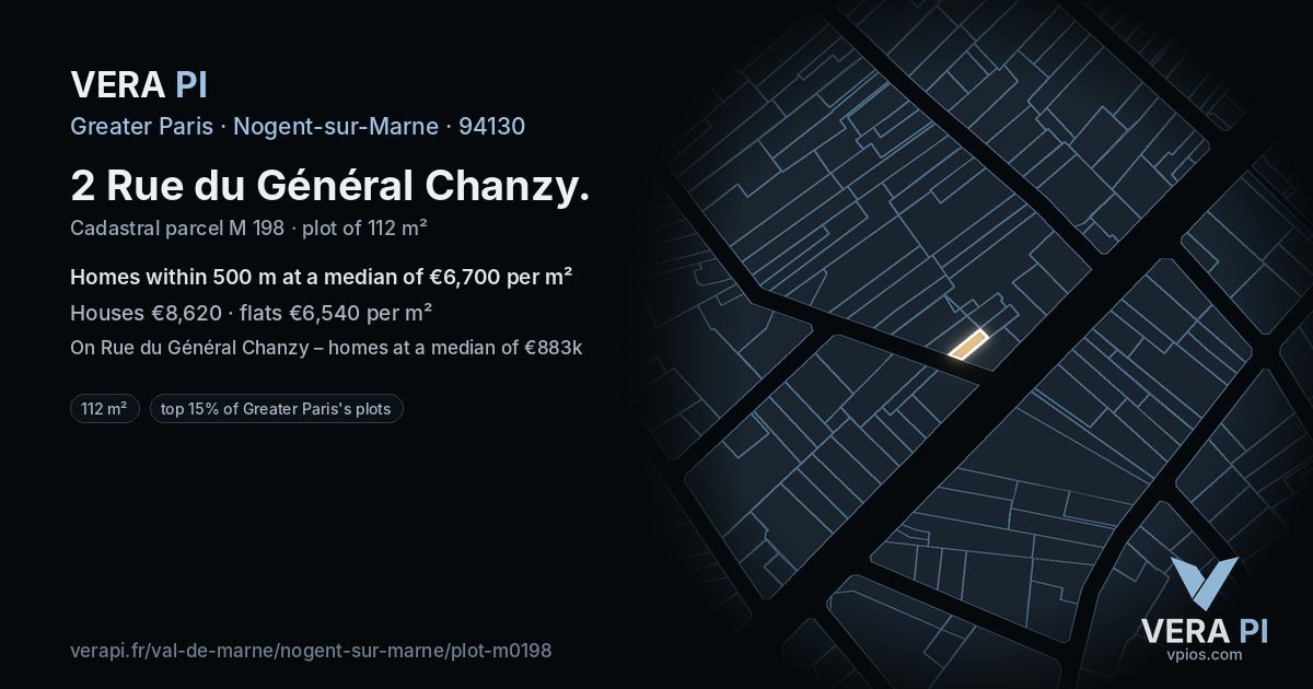 2 Rue du Général Chanzy, Nogent-sur-Marne at night – the plot lit, the parcels around coloured by the prices near them