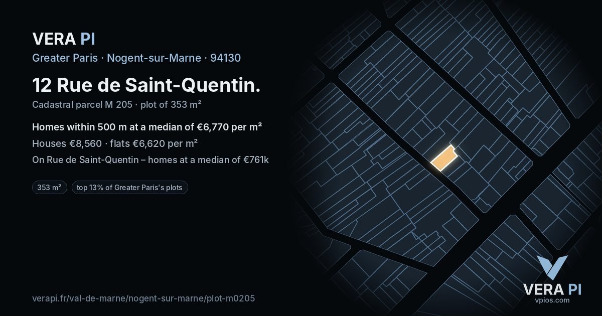 12 Rue de Saint-Quentin, Nogent-sur-Marne at night – the plot lit, the parcels around coloured by the prices near them
