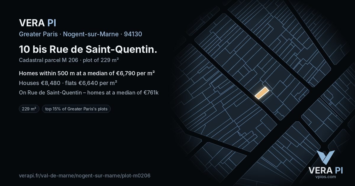 10 bis Rue de Saint-Quentin, Nogent-sur-Marne at night – the plot lit, the parcels around coloured by the prices near them