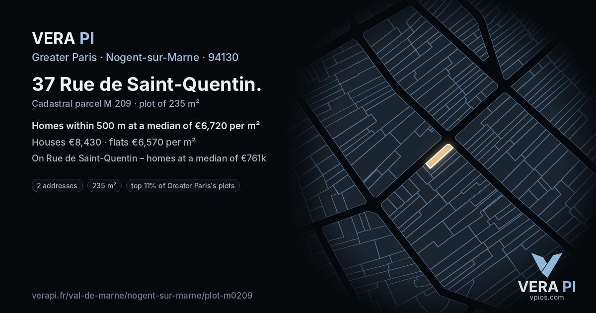 37 Rue de Saint-Quentin, Nogent-sur-Marne at night – the plot lit, the parcels around coloured by the prices near them