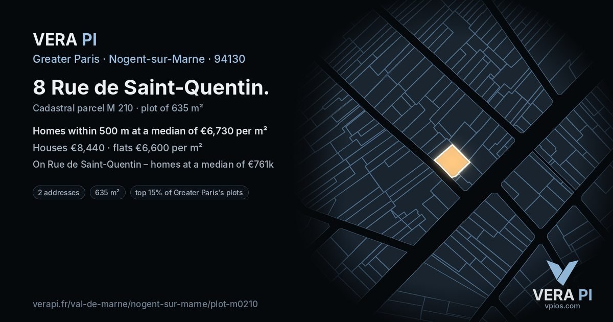 8 Rue de Saint-Quentin, Nogent-sur-Marne at night – the plot lit, the parcels around coloured by the prices near them
