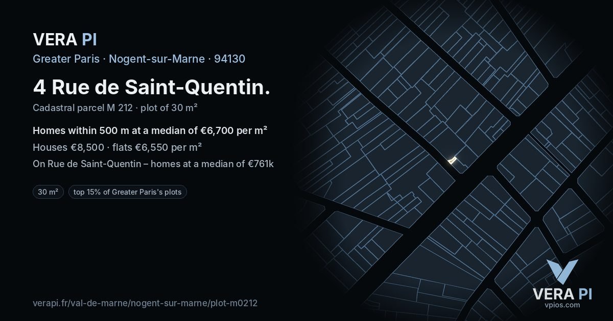 4 Rue de Saint-Quentin, Nogent-sur-Marne at night – the plot lit, the parcels around coloured by the prices near them