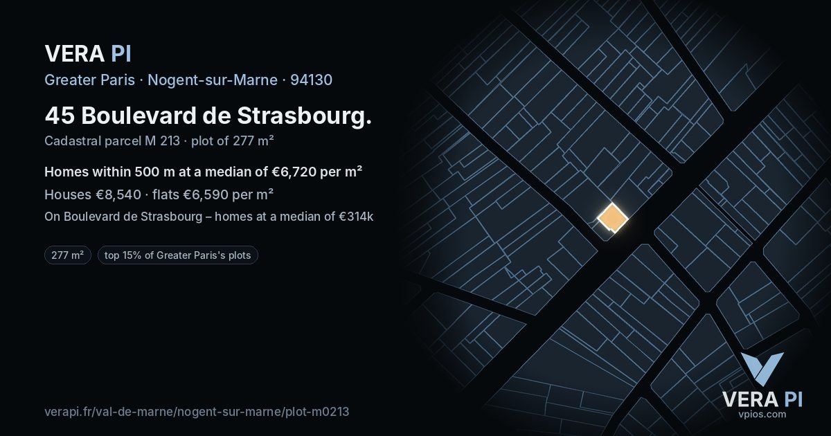 45 Boulevard de Strasbourg, Nogent-sur-Marne at night – the plot lit, the parcels around coloured by the prices near them