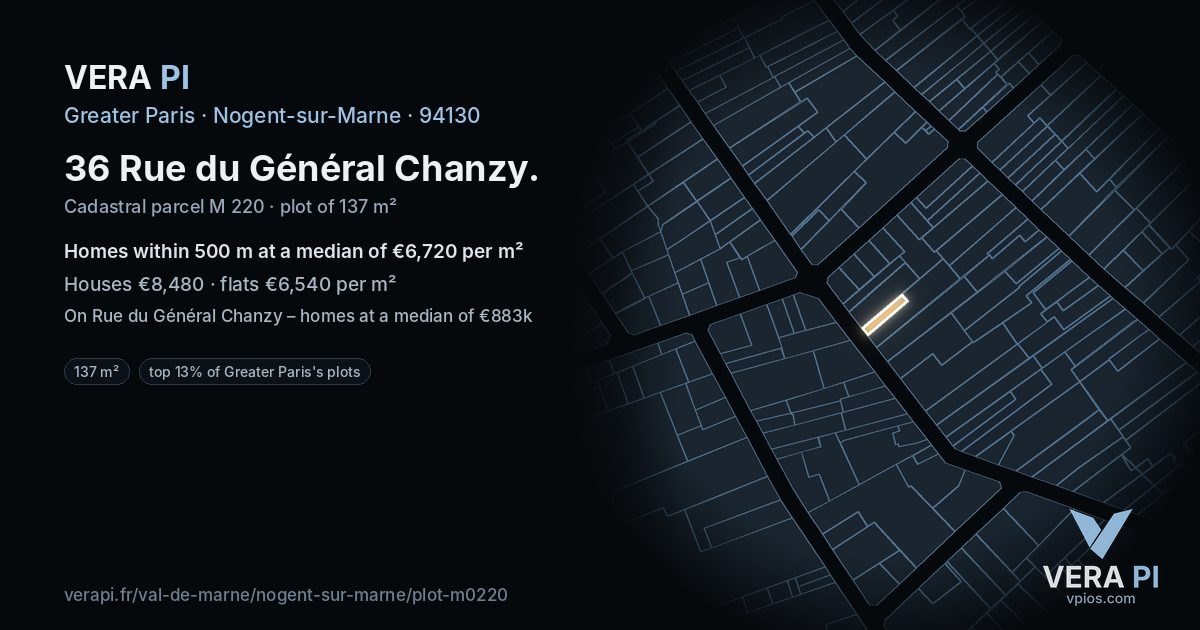 36 Rue du Général Chanzy, Nogent-sur-Marne at night – the plot lit, the parcels around coloured by the prices near them