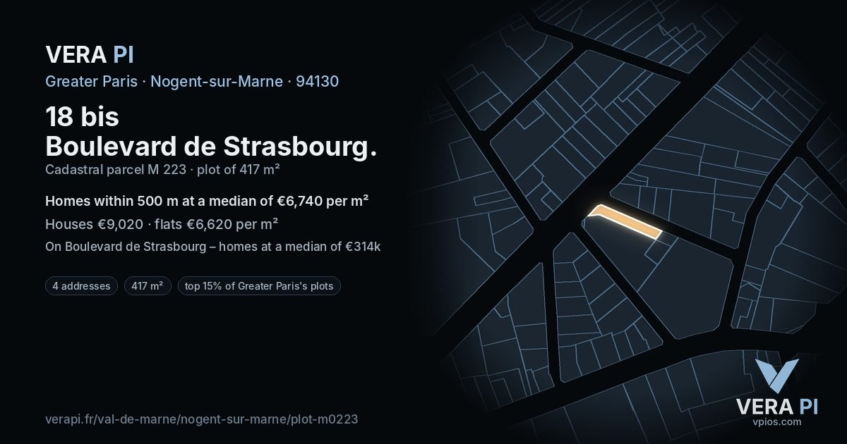 18 bis Boulevard de Strasbourg, Nogent-sur-Marne at night – the plot lit, the parcels around coloured by the prices near them