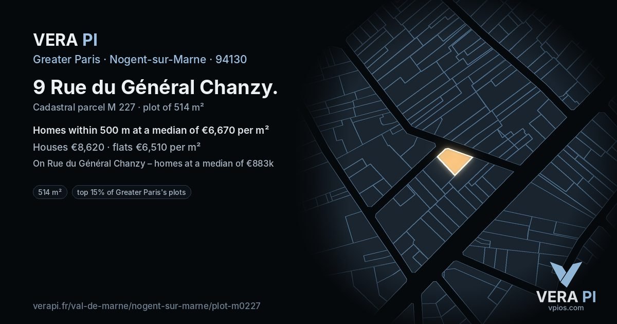 9 Rue du Général Chanzy, Nogent-sur-Marne at night – the plot lit, the parcels around coloured by the prices near them