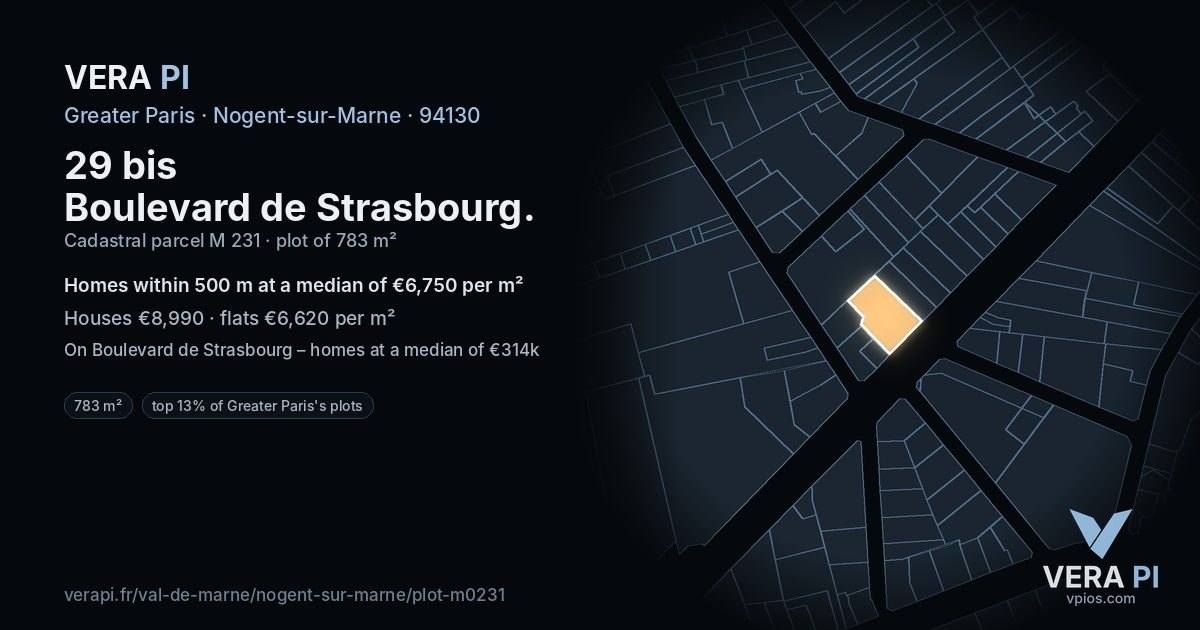 29 bis Boulevard de Strasbourg, Nogent-sur-Marne at night – the plot lit, the parcels around coloured by the prices near them