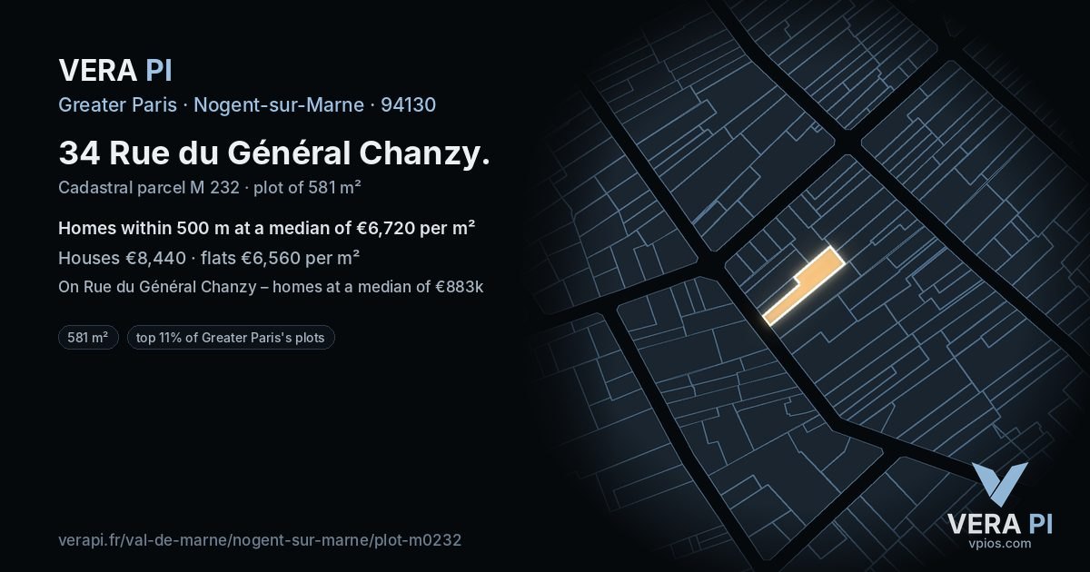 34 Rue du Général Chanzy, Nogent-sur-Marne at night – the plot lit, the parcels around coloured by the prices near them