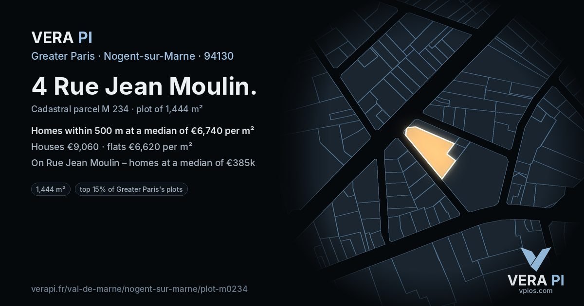 4 Rue Jean Moulin, Nogent-sur-Marne at night – the plot lit, the parcels around coloured by the prices near them