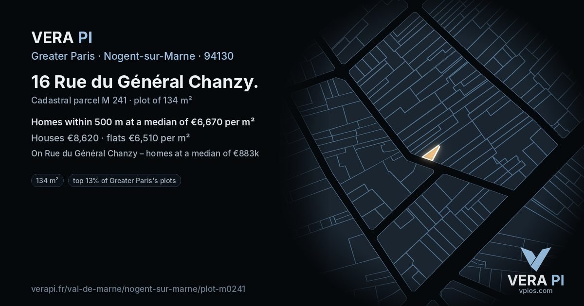 16 Rue du Général Chanzy, Nogent-sur-Marne at night – the plot lit, the parcels around coloured by the prices near them