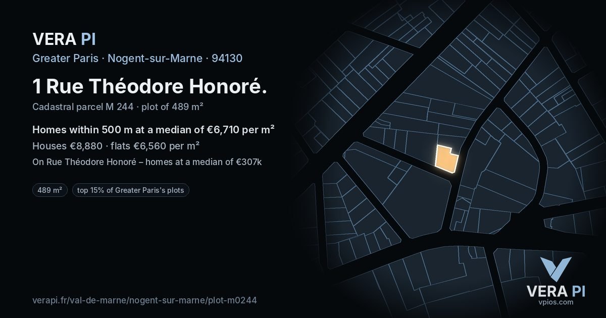 1 Rue Théodore Honoré, Nogent-sur-Marne at night – the plot lit, the parcels around coloured by the prices near them