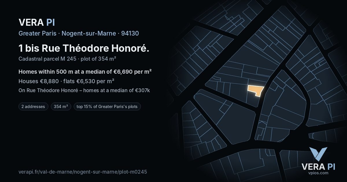 1 bis Rue Théodore Honoré, Nogent-sur-Marne at night – the plot lit, the parcels around coloured by the prices near them