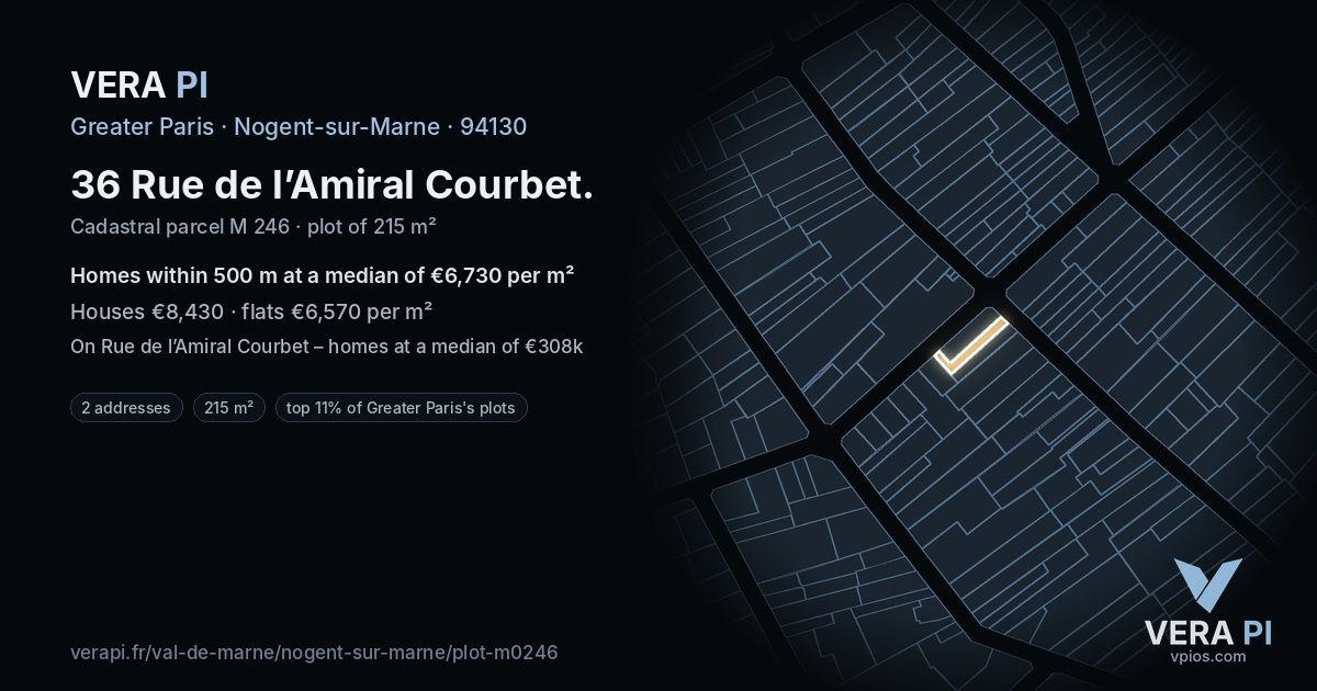 36 Rue de l’Amiral Courbet, Nogent-sur-Marne at night – the plot lit, the parcels around coloured by the prices near them